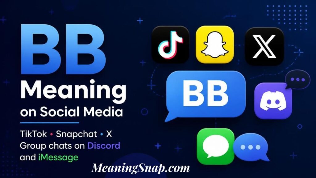 Graphic titled "BB Meaning on Social Media" displaying 3D app icons for TikTok, Snapchat, X, Discord, and iMessage surrounding a blue "BB" speech bubble.