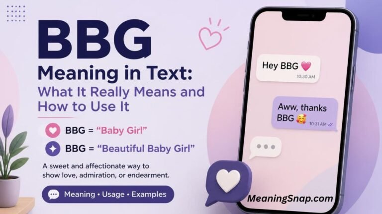 Graphic explaining BBG meaning in text with a smartphone showing affectionate messages and definitions for "Baby Girl" and "Beautiful Baby Girl."