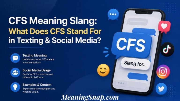 Graphic explaining "CFS Meaning Slang: What Does CFS Stand For in Texting & Social Media?" featuring a smartphone screen with a blue "CFS" speech bubble alongside TikTok, Instagram, and Twitter icons.