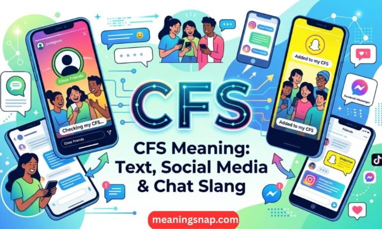 Multiple smartphones displaying Instagram and Snapchat stories with CFS captions under title CFS Meaning: Text, Social Media & Chat Slang.