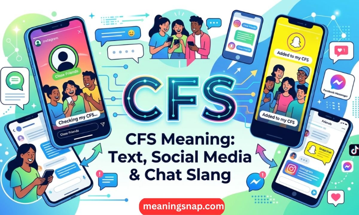 Multiple smartphones displaying Instagram and Snapchat stories with CFS captions under title CFS Meaning: Text, Social Media & Chat Slang.