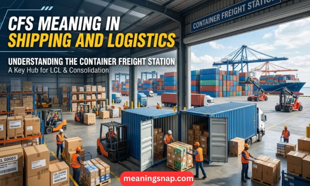 Warehouse workers loading cargo containers at a port facility labeled Container Freight Station under title CFS MEANING IN SHIPPING AND LOGISTICS.