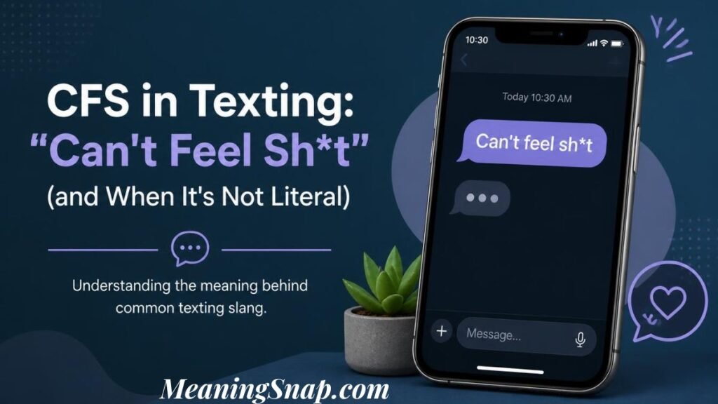 Graphic titled "CFS in Texting: Can't Feel Sh*t (and When It's Not Literal)" featuring a smartphone displaying a purple chat bubble with the phrase.