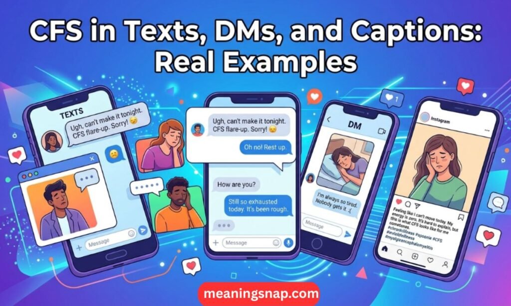Four smartphones showing text messages, DMs, and Instagram post about Chronic Fatigue Syndrome under title CFS in Texts, DMs, and Captions: Real Examples.
