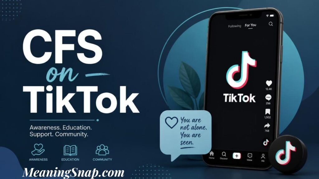 Graphic titled "CFS on TikTok" featuring a smartphone displaying the TikTok interface beside a supportive message pop-up reading "You are not alone. You are seen."