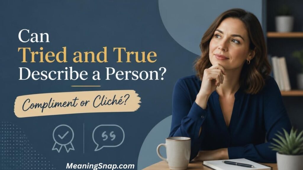 Woman sitting at a desk looking up thoughtfully under headline Can Tried and True Describe a Person? Compliment or Cliché?