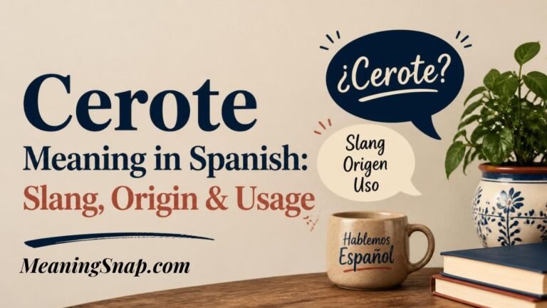 Graphic titled "Cerote Meaning in Spanish: Slang, Origin & Usage" featuring a mug reading "Hablemos Español" next to stacked books and speech bubbles with "¿Cerote?" and "Slang Origen Uso".