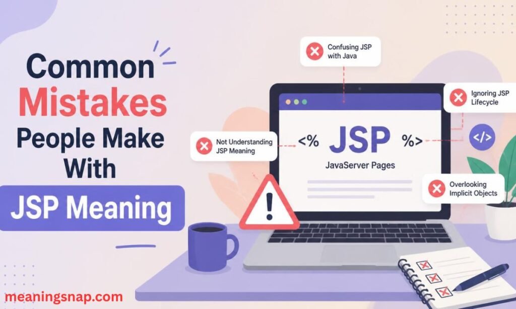 Laptop display showing JSP JavaServer Pages code tags surrounded by common coding error callouts under title Common Mistakes People Make With JSP Meaning.