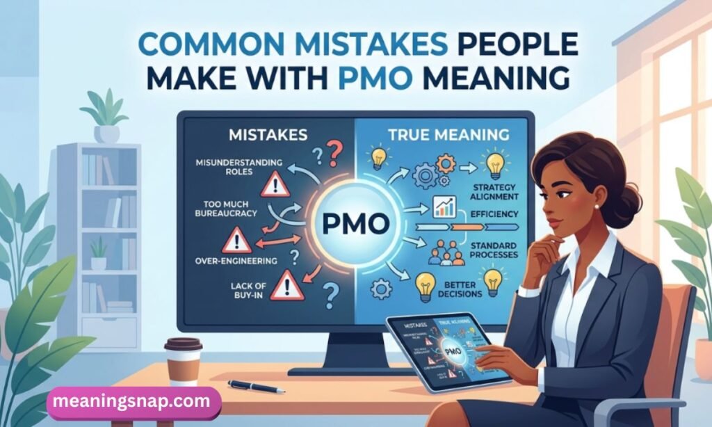 Businesswoman reviewing a split screen on PMO mistakes versus true meaning under title COMMON MISTAKES PEOPLE MAKE WITH PMO MEANING.