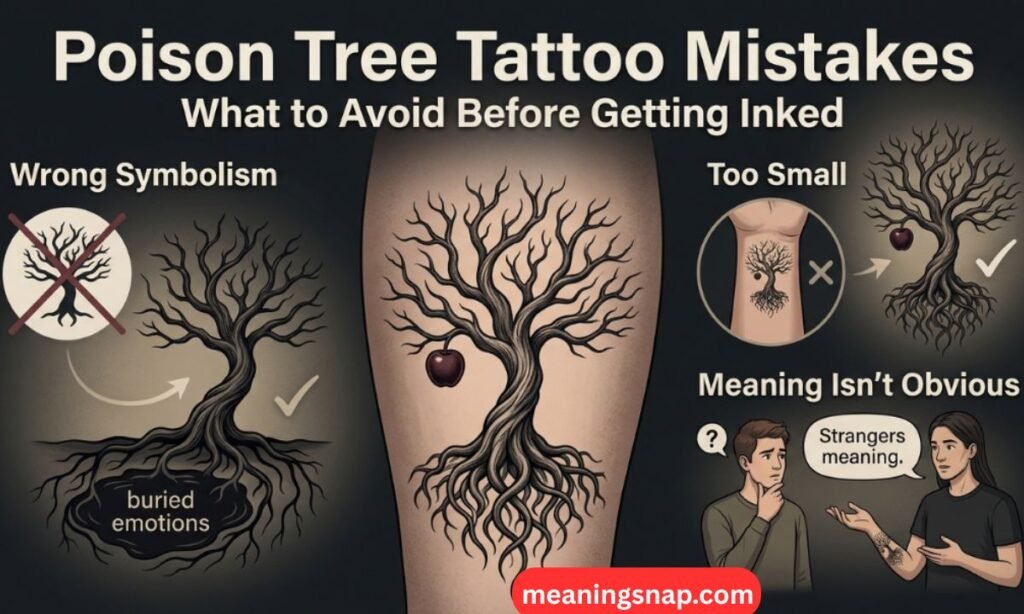 Visual guide illustrating common design and placement errors under heading Poison Tree Tattoo Mistakes: What to Avoid Before Getting Inked.