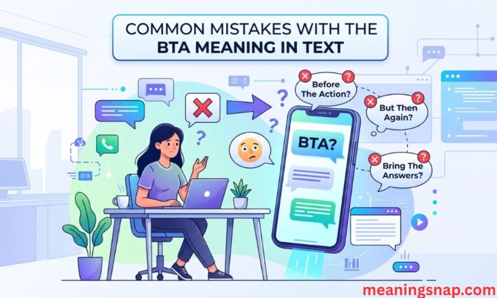 Confused woman working on a laptop next to a giant phone displaying incorrect BTA acronym guesses under title COMMON MISTAKES WITH THE BTA MEANING IN TEXT.