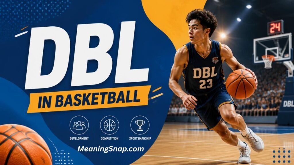 Basketball player dribbling on a court beside large text reading "DBL in Basketball" with development, competition, and sportsmanship icons.