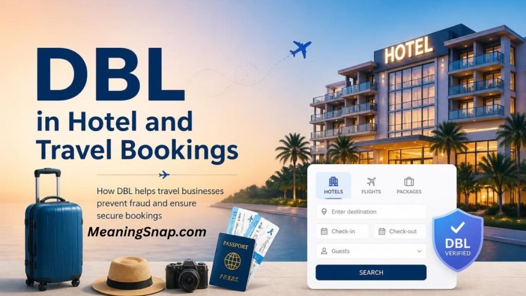 Modern resort hotel behind travel luggage and a booking interface with a DBL Verified shield under headline DBL in Hotel and Travel Bookings.