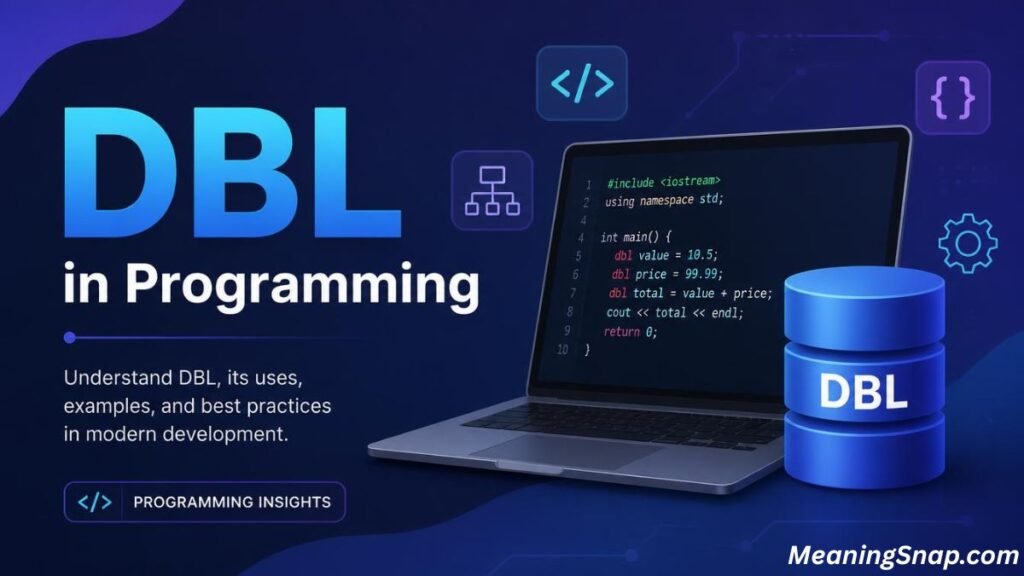 Laptop screen displaying C++ code next to a blue database icon under title DBL in Programming.