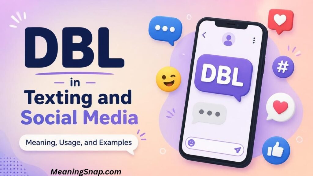 Smartphone displaying a message bubble with DBL surrounded by social media icons under title DBL in Texting and Social Media.
