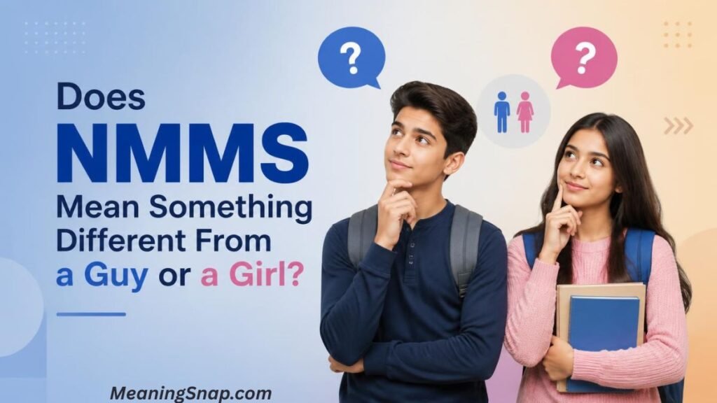 A guy and girl thinking next to text reading "Does NMMS Mean Something Different From a Guy or a Girl?"