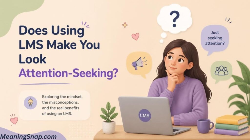3D illustration of a woman thinking at a laptop next to text asking "Does Using LMS Make You Look Attention-Seeking?"