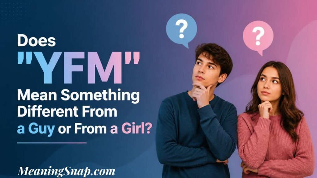 Graphic explaining the yfm meaning in text titled "Does 'YFM' Mean Something Different From a Guy or From a Girl?", featuring a thoughtful young man and woman under question mark speech bubbles.