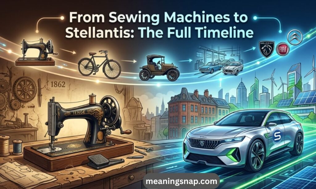 Timeline illustration showing Opel's evolution from 1862 sewing machines to modern electric vehicles under title From Sewing Machines to Stellantis: The Full Timeline.