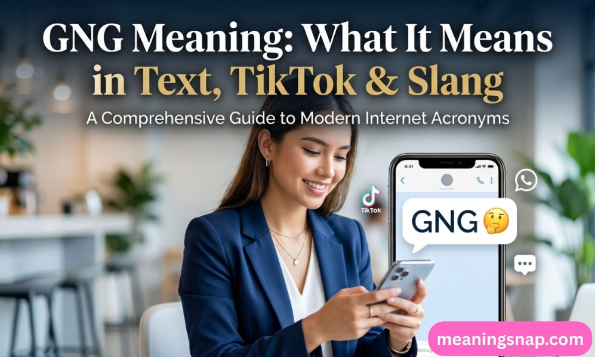 Woman smiling while looking at her smartphone with a GNG message popup under title GNG Meaning: What It Means in Text, TikTok & Slang.