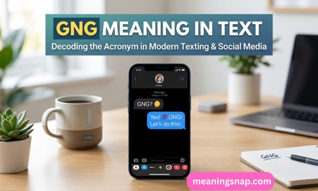 Desk setup with smartphone showing GNG text conversation between Chloe and a friend under title GNG MEANING IN TEXT: Decoding the Acronym in Modern Texting & Social Media.