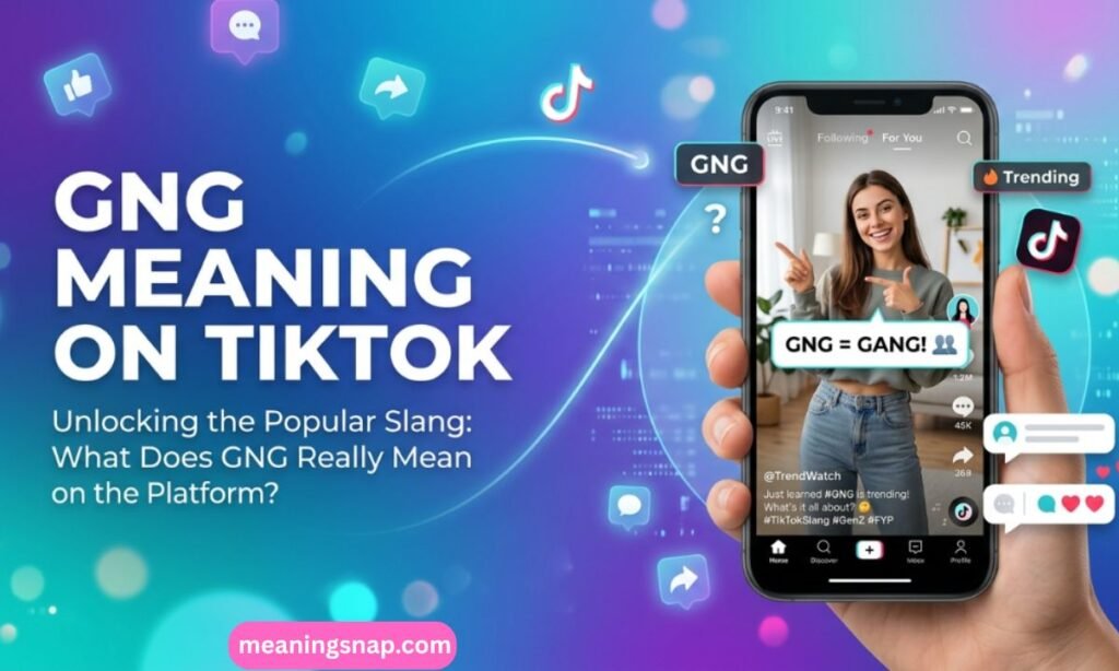 Hand holding a smartphone displaying a TikTok video explaining GNG = GANG! under title GNG MEANING ON TIKTOK.