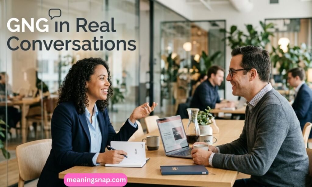 Two professionals conversing at a wooden desk in a modern office setting under title GNG in Real Conversations.