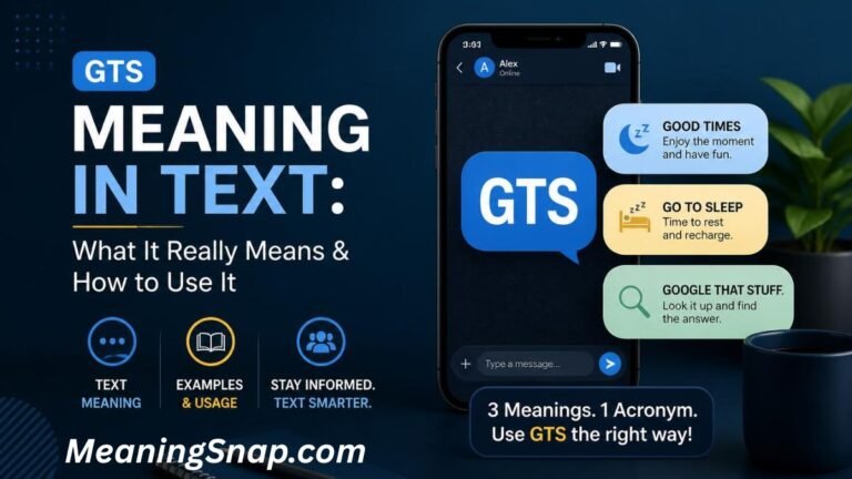 Graphic breaking down GTS meaning in text with a smartphone showing "Good Times," "Go To Sleep," and "Google That Stuff."