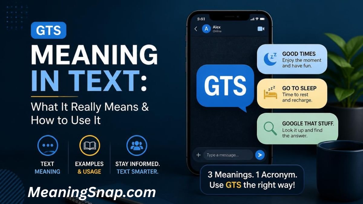 Graphic breaking down GTS meaning in text with a smartphone showing "Good Times," "Go To Sleep," and "Google That Stuff."