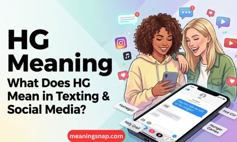 Two female friends looking at a smartphone next to text callouts for Homegirl, Holy Grail, Hot Girl, and Hunger Games under heading HG Meaning: What Does HG Mean in Texting & Social Media?