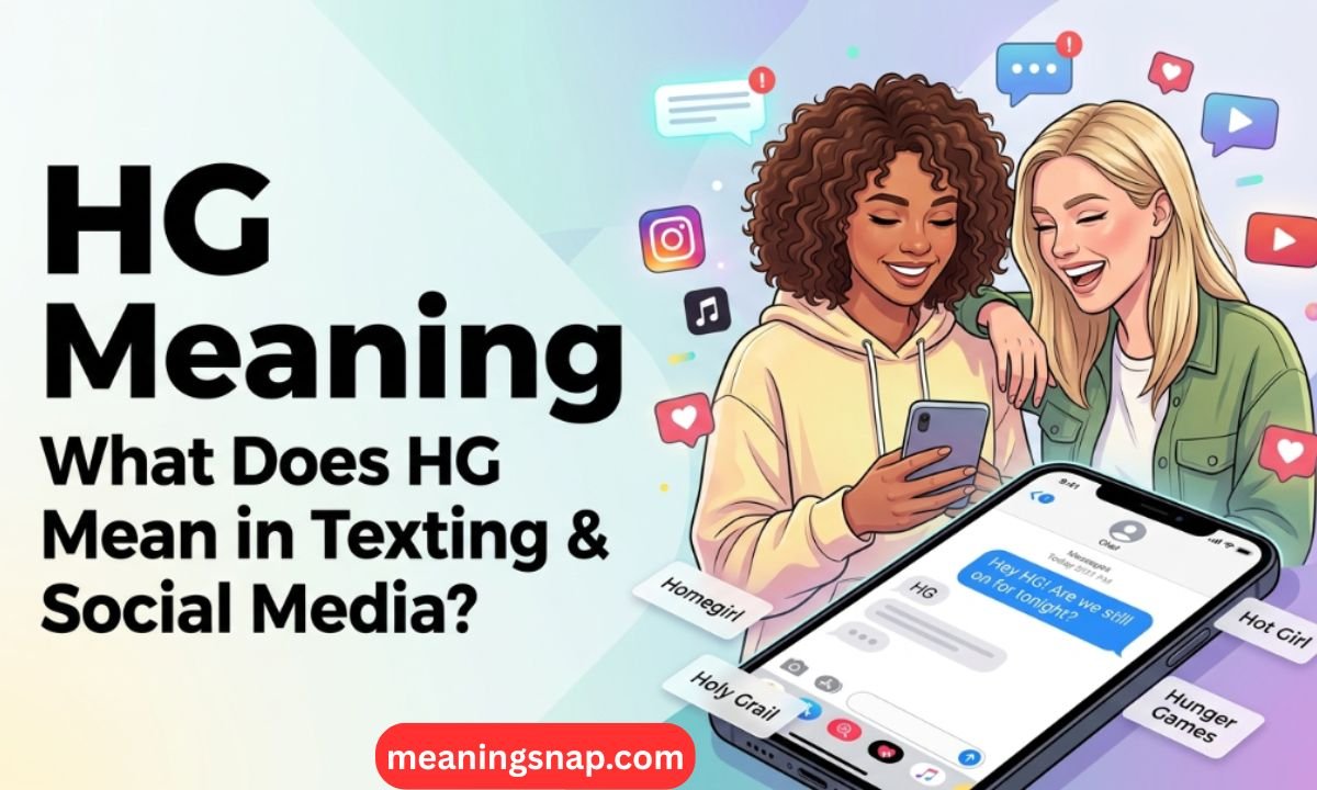 Two female friends looking at a smartphone next to text callouts for Homegirl, Holy Grail, Hot Girl, and Hunger Games under heading HG Meaning: What Does HG Mean in Texting & Social Media?