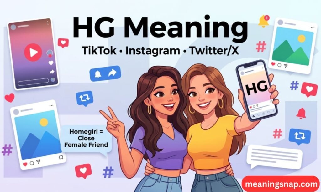 Two female friends taking a selfie showing HG on phone screen surrounded by TikTok and Instagram UI elements under heading HG Meaning: TikTok, Instagram, Twitter/X.