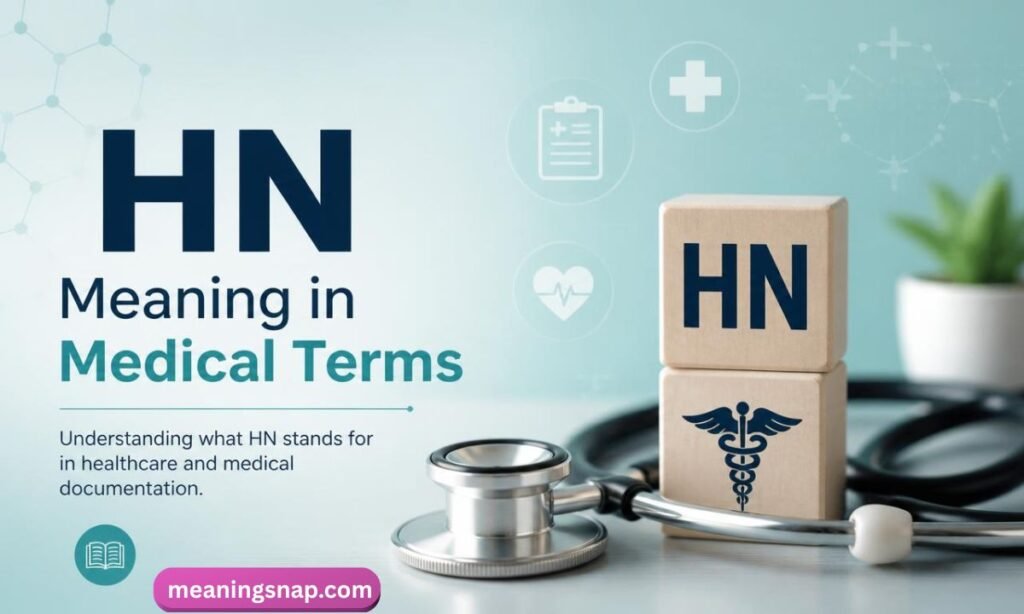 Wooden blocks with HN and Caduceus symbols next to a stethoscope under headline HN Meaning in Medical Terms.