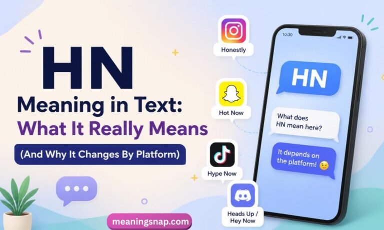 Smartphone screen displaying a chat about HN next to platform cards defining meanings like Honestly, Hot Now, and Hype Now under title HN Meaning in Text.
