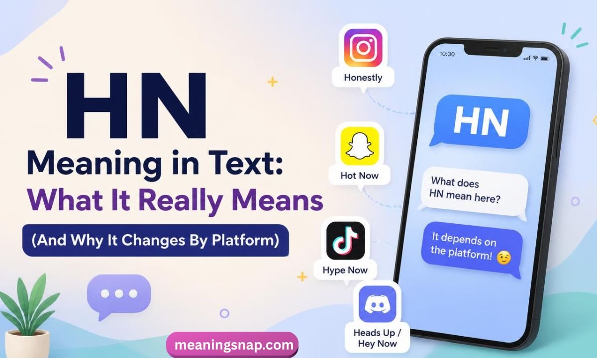 Smartphone screen displaying a chat about HN next to platform cards defining meanings like Honestly, Hot Now, and Hype Now under title HN Meaning in Text.