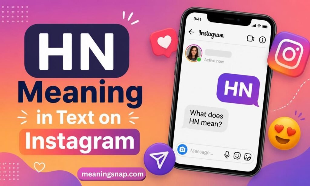Smartphone screen displaying an Instagram direct message with HN next to app icons and emojis under title HN Meaning in Text on Instagram.