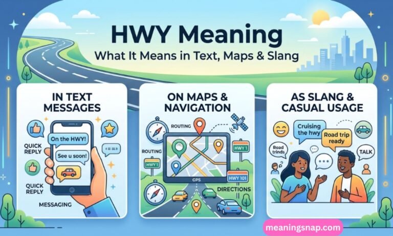 Infographic illustrating HWY meaning in text messages, maps, navigation, and slang under title HWY Meaning: What It Means in Text, Maps & Slang.