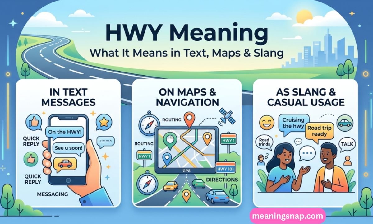 Infographic illustrating HWY meaning in text messages, maps, navigation, and slang under title HWY Meaning: What It Means in Text, Maps & Slang.