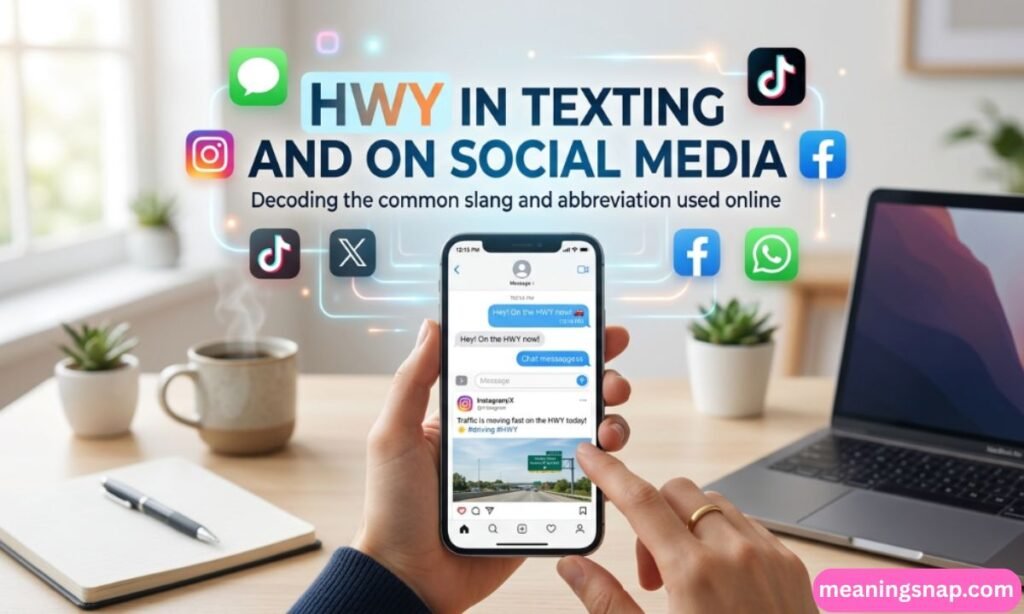 Hands holding smartphone displaying HWY text message and Instagram post surrounded by social media logos under title HWY IN TEXTING AND ON SOCIAL MEDIA.