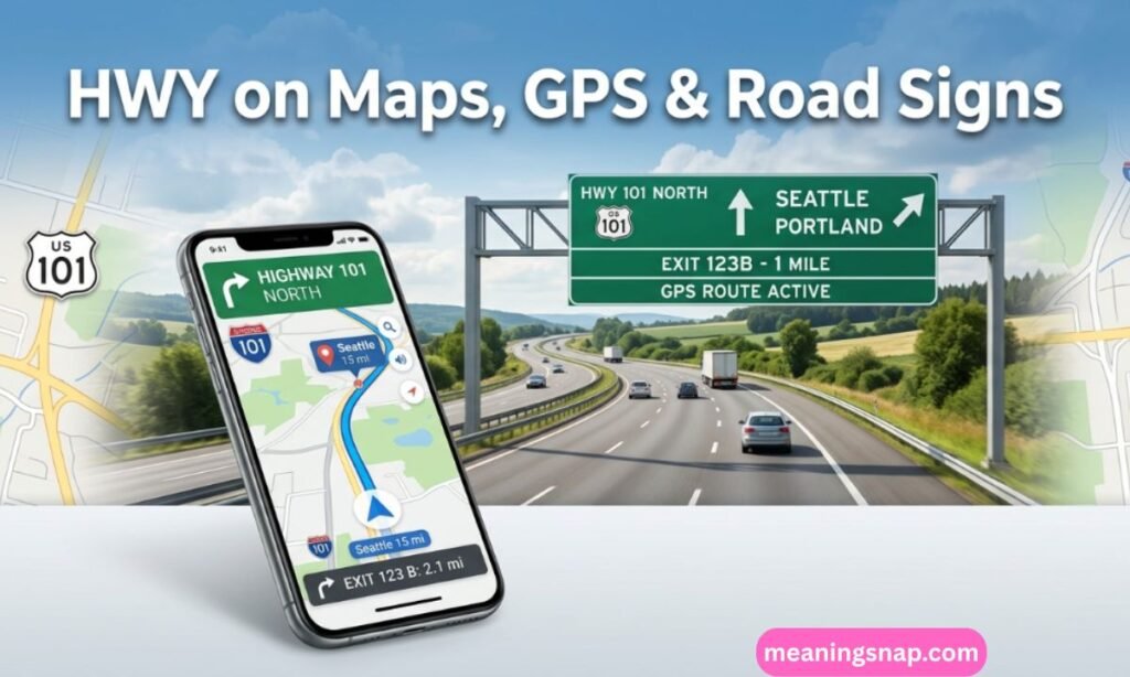 Smartphone displaying GPS navigation on Highway 101 next to highway sign pointing to Seattle and Portland under title HWY on Maps, GPS & Road Signs.