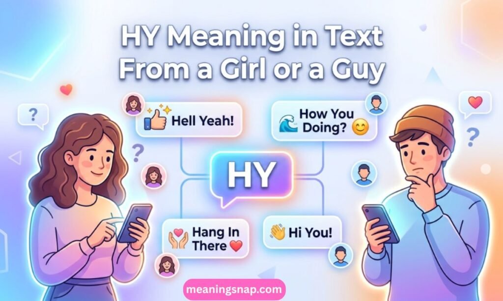 Illustrated girl and guy texting on smartphones with mind map showing HY meanings like Hell Yeah!, How You Doing?, Hang In There, and Hi You!
