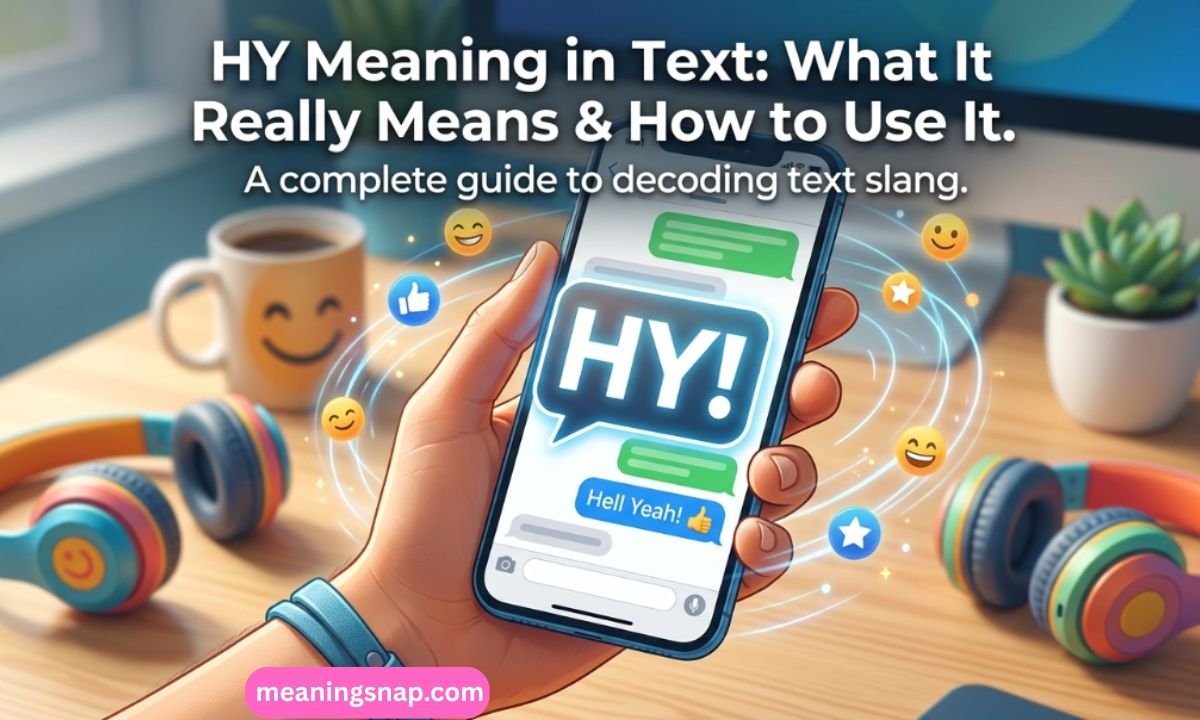Hand holding smartphone displaying HY! and Hell Yeah! text messages under title HY Meaning in Text: What It Really Means & How to Use It.