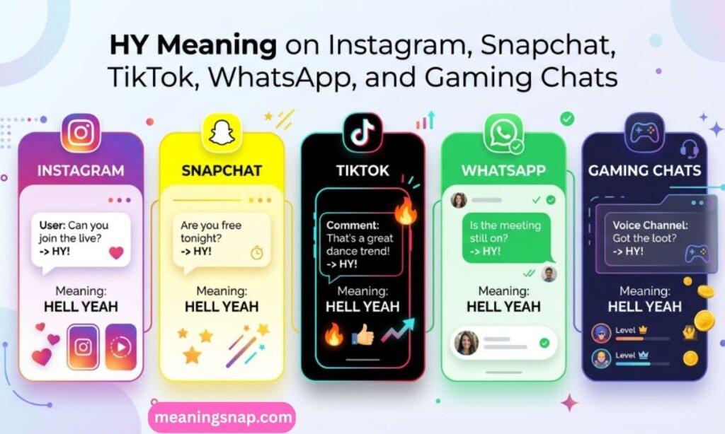 Modern multi-card graphic showing HY meaning HELL YEAH across Instagram, Snapchat, TikTok, WhatsApp, and Gaming Chats.