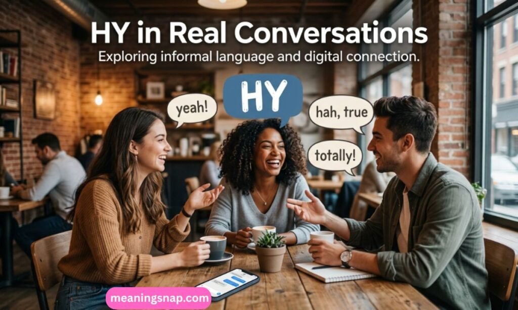 Three friends conversing at a coffee shop with speech bubbles reading HY, yeah!, totally!, and hah, true under title HY in Real Conversations.