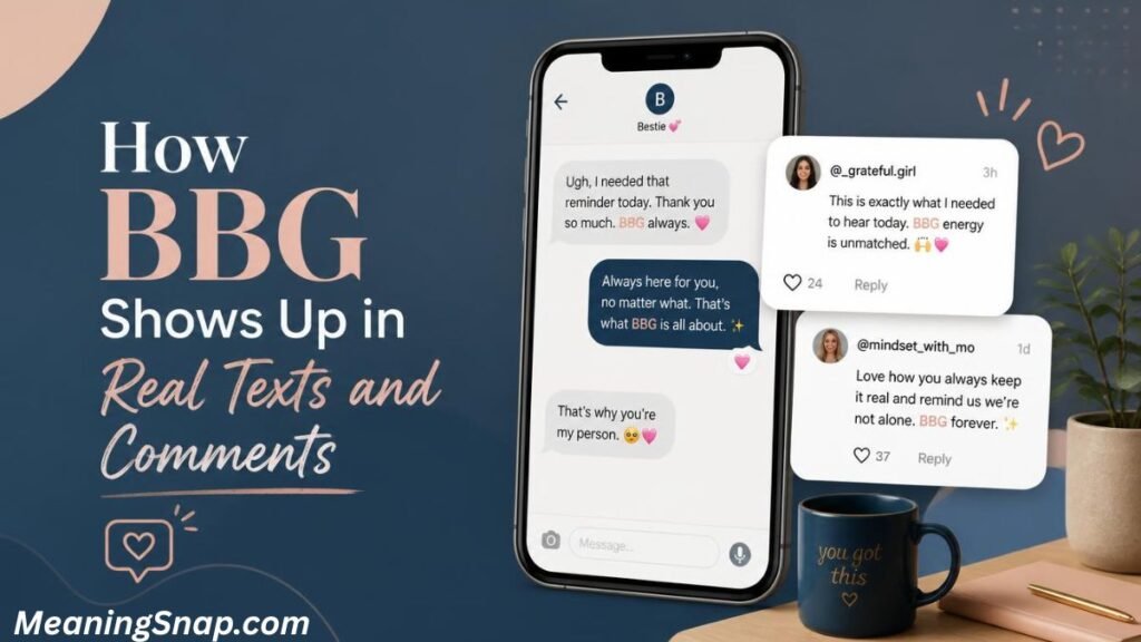 Graphic titled "How BBG Shows Up in Real Texts and Comments" featuring a smartphone showing chat messages and comment overlays on a dark blue background.