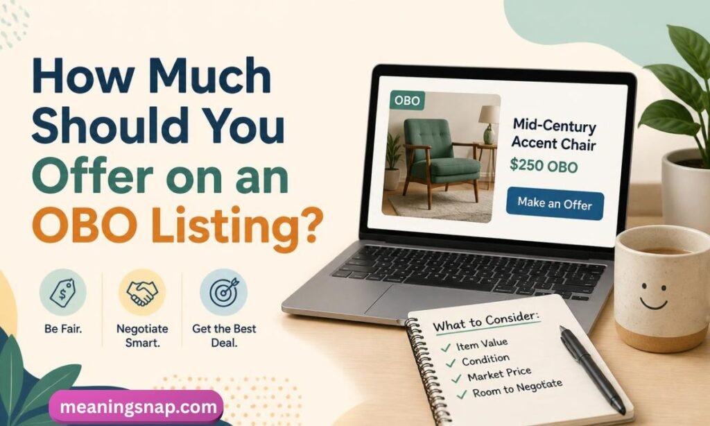 Laptop showing a chair listing priced at $250 OBO next to a notepad listing negotiation factors under title How Much Should You Offer on an OBO Listing?