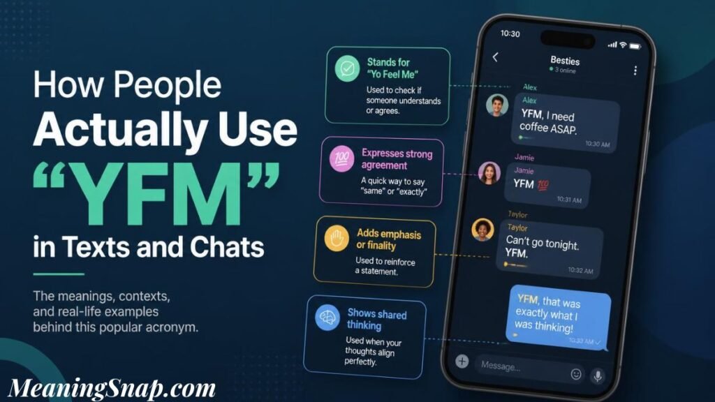Graphic explaining the yfm meaning in text titled "How People Actually Use 'YFM' in Texts and Chats", breaking down chat usage examples on a smartphone screen.