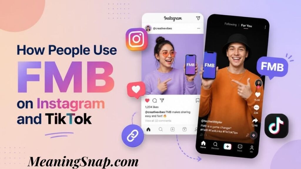Infographic showing how FMB is used on Instagram and TikTok, featuring social media mockups on smartphone screens.