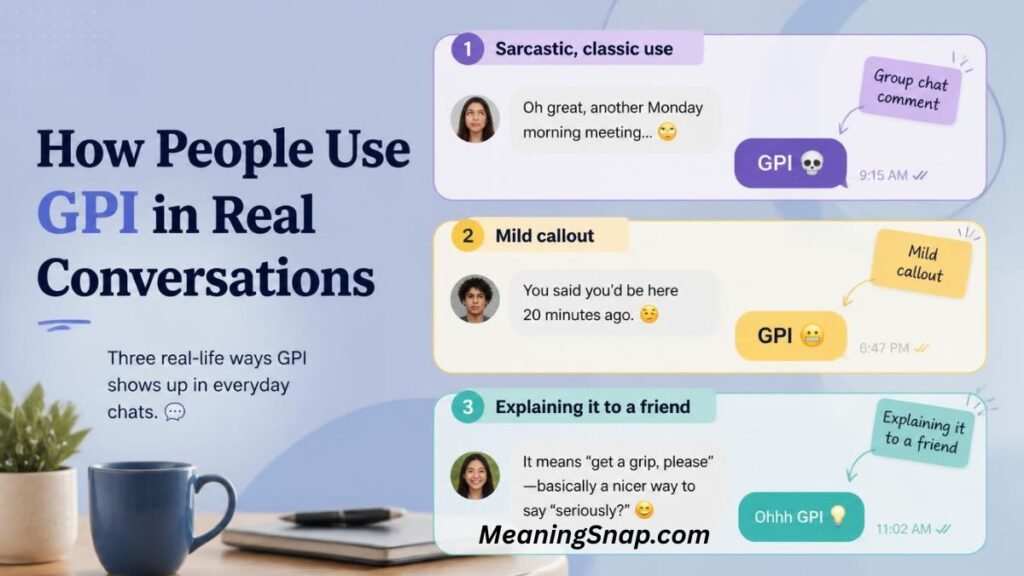 Chat examples showing "How People Use GPI in Real Conversations" with classic sarcasm, mild callouts, and explanations.
