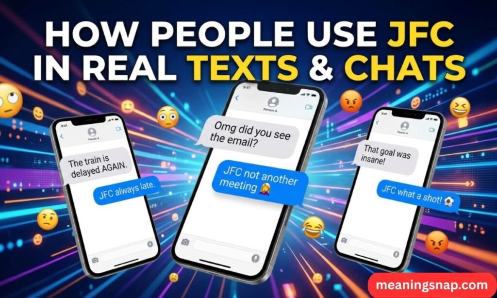 Three smartphones showing chat messages using JFC in different contexts under title HOW PEOPLE USE JFC IN REAL TEXTS & CHATS.